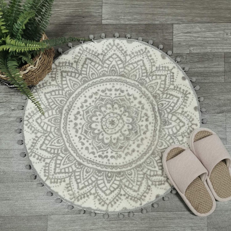Uphome Small Round Rug 2â€™ Boho Beige and Grey Bathroom Rug with Pom Poms Fringe Washable Mandala Circle Shower Mat Soft Non-Slip Cute Circular Throw Rug for Sink Powder Room Kids Room Nursery - Image 1